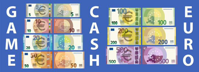 A set of game paper money in the style of EU cash. Banknotes in denominations of 5, 10, 20, 50, 100, 200 and 500 euros. Obverse and reverse - obrazy, fototapety, plakaty
