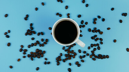 a cup of black coffee, roasted coffee beans isolated. morning drink. ready to work.