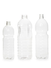 three different empty plastic bottles isolated on white background. production of new containers