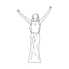 Girl in a long dress and with long hair is dancing. Black and white vector isolated illustration contour hand drawn. Beauty and femininity in movement