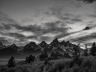 Black and white of Grand Teton National Park and Teton Range, Wyoming