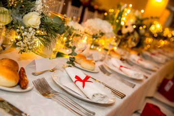 New Year's table arrangement for a festive lunch - obrazy, fototapety, plakaty