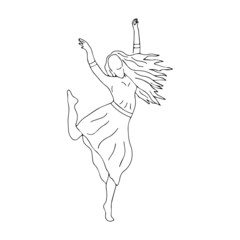 Girl in a long dress and with long hair is dancing with her hands up and bouncing on one leg. Black and white vector isolated illustration contour hand drawn. Beauty and femininity in movement