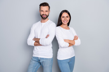 Photo of confident pretty sister brother wear white shirts arms crossed isolated grey color background