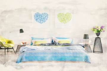 Cosy Summer Colors Bedroom Arrangement - Watercolor Painting of an Interior Design