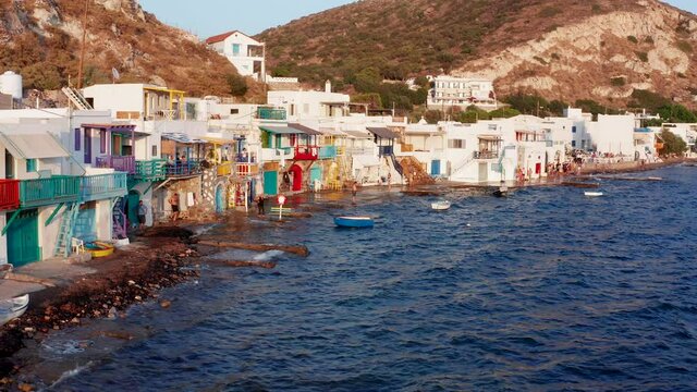 Close up of colorful house architecture in Klima village seaside in Milos beach