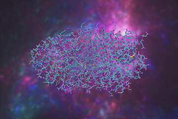 Molecular model of the fibrinogen-like domain of human angiopoietin-3. Rendering based on protein data bank. Scientific background. 3d illustration