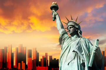 Statue of Liberty USA. American Statue of Liberty at sunset. Rendering of city skyline in background. Symbol of democracy in United States of America. Monument located in New York.
