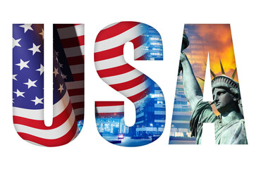 USA logo. USA letters in colors of American flag. Symbols of America on white background. Statue of Liberty inside American logo. USA emblem for Independence Day. United States Patriotic Design