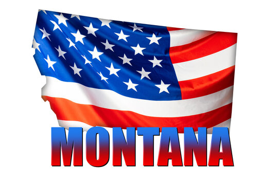 State of Montana USA. Silhouette of state of Montana in colors of national flag. American state logo. Montana symbol on light background. Outline of map of American region. Patriotic design. 3d image