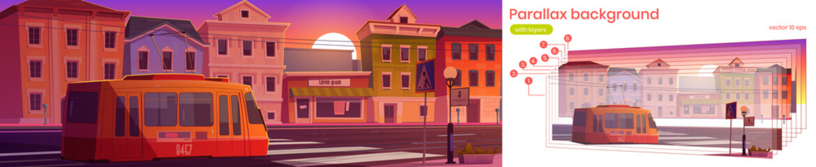 City street with houses, tram and empty road with pedestrian crosswalk at sunset. Vector parallax background for 2d animation with cartoon illustration of evening town with tramway and buildings