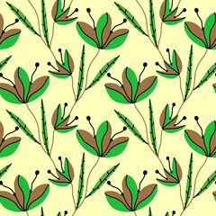 Abstract Hand Drawing Folk Tile Ethnic Flowers and Leaves Seamless Vector Pattern Isolated Background