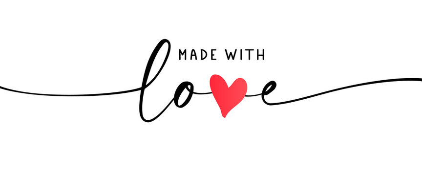 Made with love calligraphy with heart. Hand drawn black line text. Ink vector inscription isolated on white background. Lettering for your handcrafted goods, product, shop, tags, labels