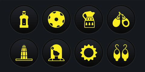 Set Agbar tower, Castanets, Spanish woman, Sun, Sangria pitcher, Football ball, Earrings and Orujo icon. Vector