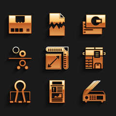 Set Paper size, News, Scanner, Copy machine, Binder clip, roll of printing press, Business card and Carton cardboard box icon. Vector