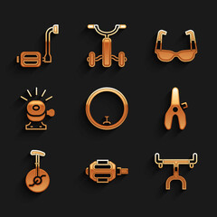 Set Bicycle wheel, pedal, handlebar, seat, Unicycle or one bicycle, bell, Sport cycling sunglasses and icon. Vector