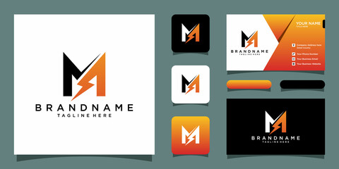 Initial letter M icon logo design template with lightning with business card design template