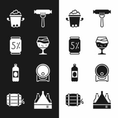 Set Glass of beer, Beer can, Ice bucket, Sausage on the fork, Plastic bottle, Wooden barrel rack, Pack bottles and icon. Vector