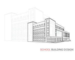 School building design. Black line art architectural drawing isolated on white.