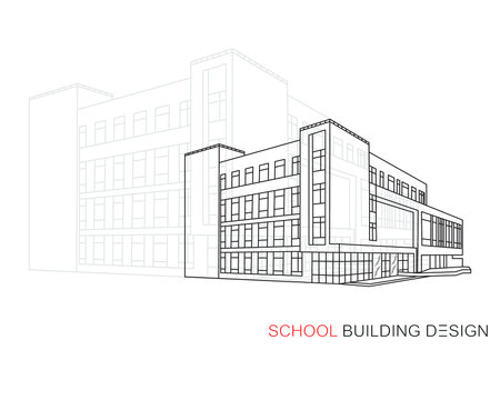 School building design. Black line art architectural drawing isolated on white.