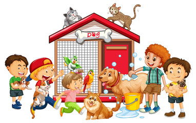 Happy kids with their pets on white background