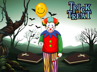 Creepy clown holding balloon on dark cemetery forest background