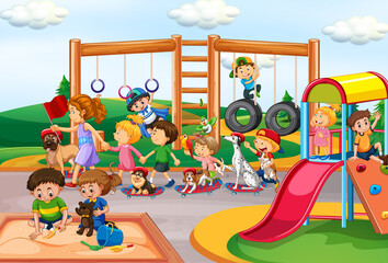 Obraz na płótnie Canvas Kids playing with their animals at the playground
