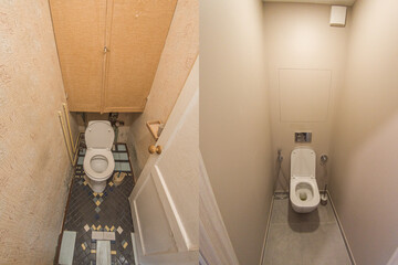 Kyiv (Kiev), Ukraine - June 05, 2021: Before and after comparison of bathroom and toilet renovation, capital repairs, overhaul, refit