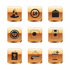 Set Slice of pizza, Cookbook, Covered with tray food, Scrambled eggs, Steak meat on plate, Cooking pot, Ice cream bowl and Toilet icon. Vector
