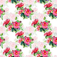 Watercolor picture of hibiscus.Image on white and colored background.Seamless pattern.