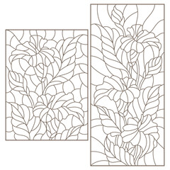 Set of contour illustrations in the style of stained glass with bouquets of Calla flowers, dark outlines on a white background