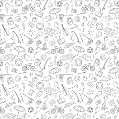Seamless pattern on the theme of summer camp and vacations, simple contour icons, black contour on white background