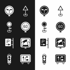 Set Speed limit traffic, Road sign, Fork in the road, Triangle warning blank, Parking, Drawbridge ahead, and Traffic light icon. Vector