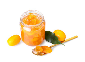 Jar of tasty kumquat jam and fresh fruits on white background