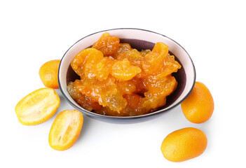 Bowl of tasty kumquat jam and fresh fruits on white background