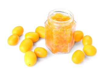Jar of tasty kumquat jam and fresh fruits on white background