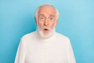 Portrait of attractive funny amazed worried grey-haired man sudden news reaction isolated over...
