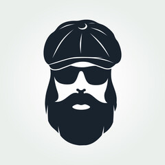 Bearded men in a Newsboy Cap and in sunglasses. Hipster face icon isolated. Vector illustration