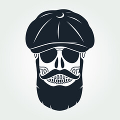 Hipster skull with mustache and bread in a Newsboy Cap and in sunglasses. Vector illustration.