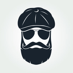 Bearded men in a Newsboy Cap and in sunglasses. Hipster face icon isolated. Vector illustration - obrazy, fototapety, plakaty
