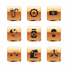 Set Electric plug, car, Eco fuel canister, Propane gas tank, Earth globe and leaf, Battery, Wind turbine and Lightning bolt icon. Vector