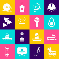 Set Pinata, Cigar, Avocado fruit, Sliced lime, Cactus or succulent pot, Nachos, Hola and Maracas icon. Vector © vector_v
