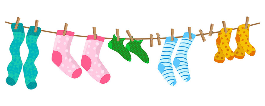 Socks on rope with clothespins isolated on white background. Different color socks set hang on laundry string. Set of colorful children socks drying on the clothesline. Laundry day.Vector illustration