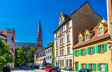 Historical buildings and St. Joahann Baptist church in Haidhausen, Munich.