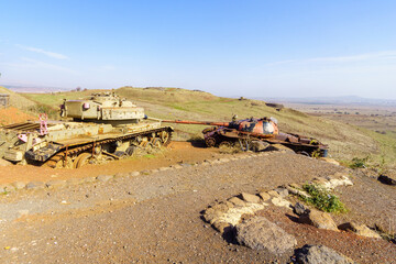 Old tanks in the Oz 77 memorial. The Golan Heights