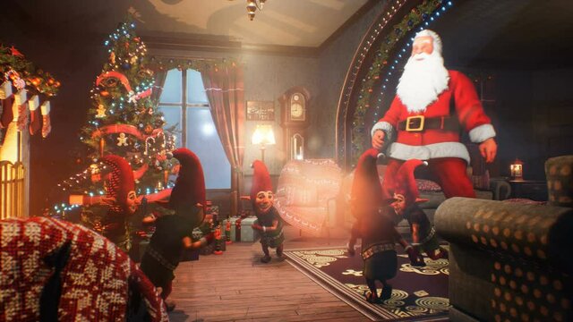 Santa Claus and his elf friends dance merrily on Christmas Day. The concept of Christmas atmosphere concept. The looped animation is perfect for Christmas and New Year's Eve backgrounds.
