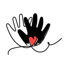 Isolated object on a white background. Hand-drawn palms in one line. Martin Luther King Day. Freedom. Two hands of different races with a heart. Suitable for posters and specialized literature.