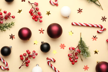 Set of Christmas decorations on color background