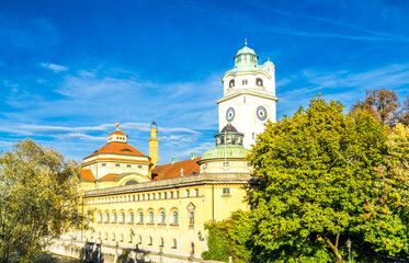 Public bath Muellersches Volksbad at the river Isar, Munich, Germany