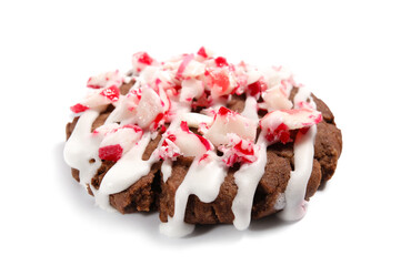 Tasty candy cane cookie on white background